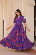 Blue Floral Printed Faux Georgette Gown | 12 MTR Flair | Festive & Party Wear