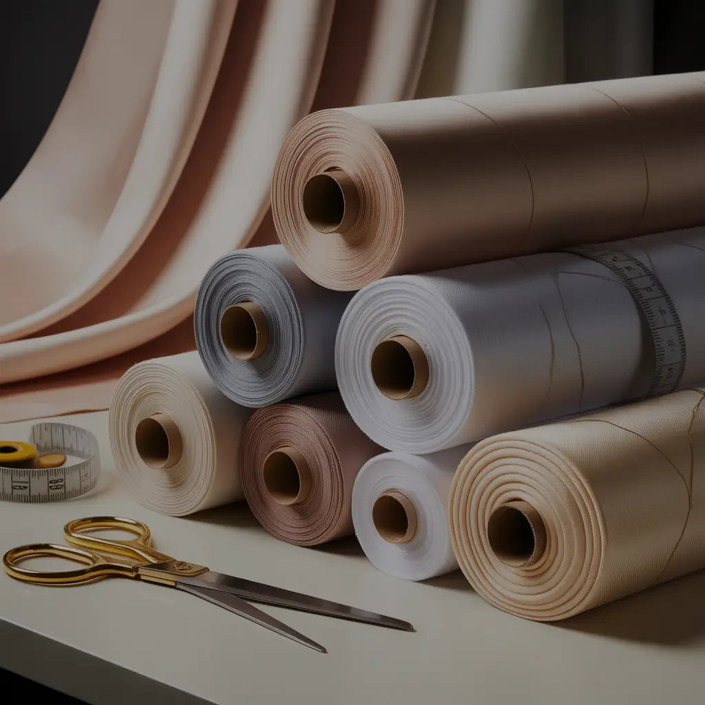 Rolls of fabric and scissors on a table
