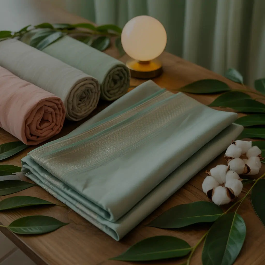 Folded fabric on a wooden surface with cotton flowers and leaves