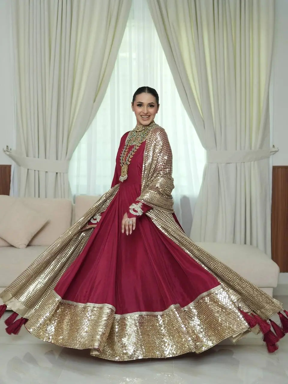 Georgette 4 Meter Flared Gown with Embroidered Sequin Net Dupatta | We | Hansh Couture Georgette 4 Meter Flared Gown with Embroidered Sequin Net Dupatta | We | Hansh Couture