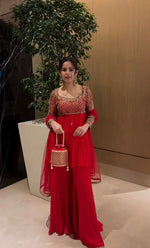 Red Faux Georgette Embroidered Sharara Set with Dupatta | Front & Back Embroidery | Party & Wedding Wear