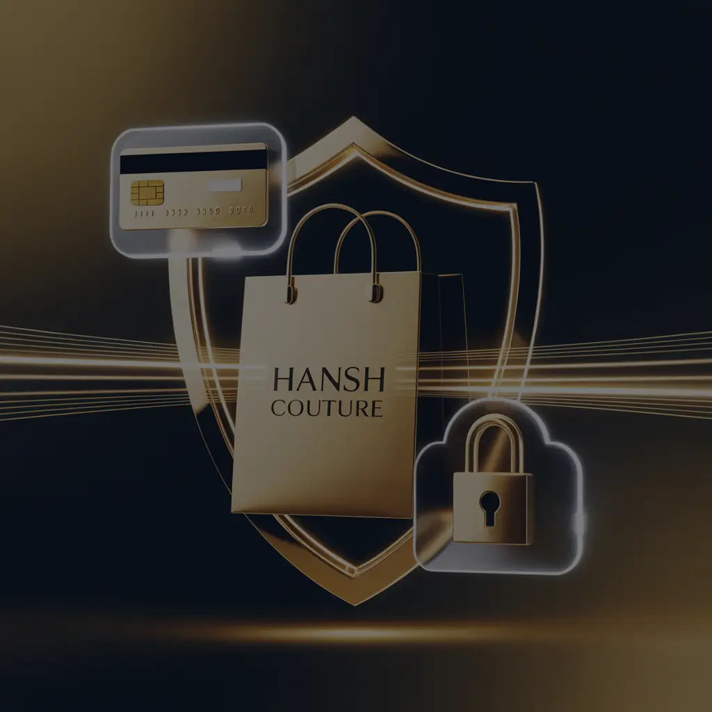 Hansh Couture shopping bag with a credit card and lock icon on a dark background