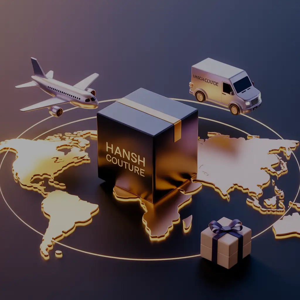 Hansh Couture box with airplane, van, and gift on a world map background
