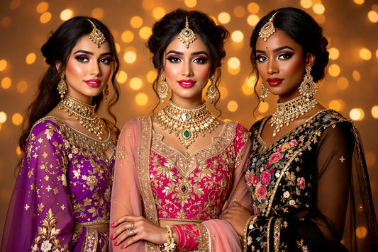Three elegant women wearing vibrant semi-stitched lehengas in purple, pink, and black with heavy embroidery and jewelry, styled for Diwali festive fashion.
