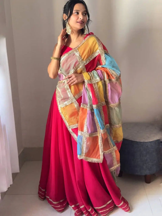 Dark red georgette lehenga with a multicoloured printed organza dupatta