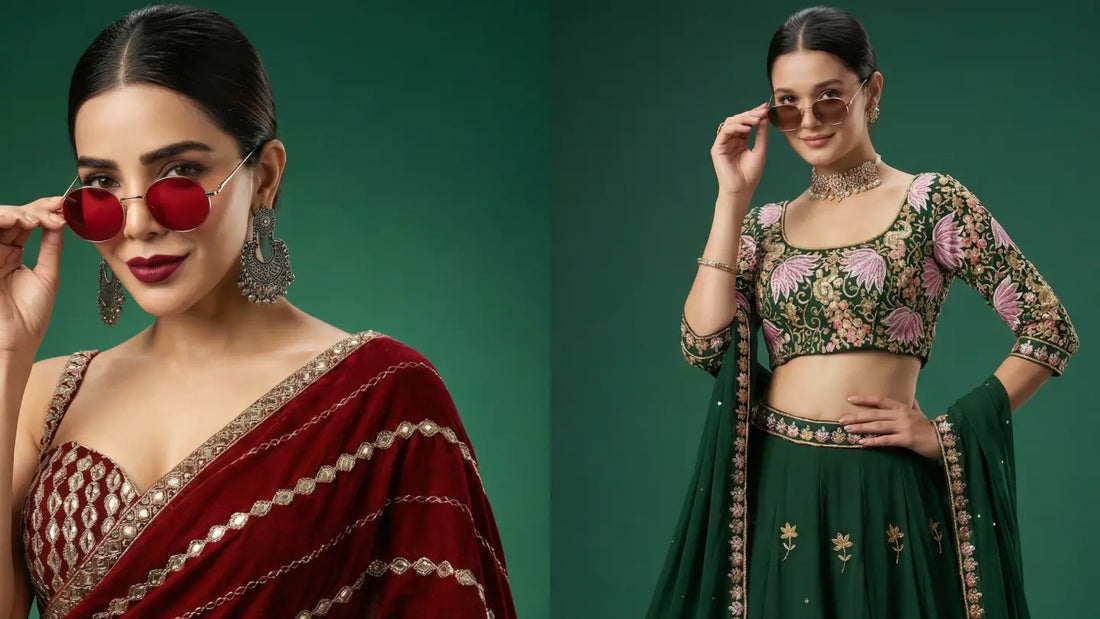 Stylish Indian woman wearing a red saree and another model in an embroidered green lehenga with modern sunglasses.