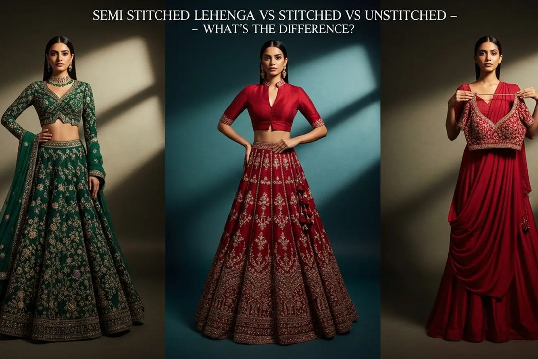 Comparison of stitched, semi stitched, and unstitched lehengas – model in green embroidered stitched lehenga, model in red semi stitched lehenga with tailored blouse, and model showcasing unstitched lehenga fabric with blouse piece.