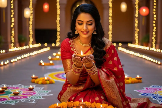 Woman in a traditional red saree holding a lit diya, surrounded by rangoli and festive lights during Diwali celebration.