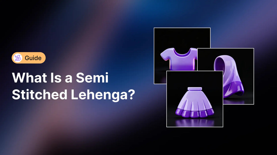 3D glossy icons of a blouse, dupatta and lehenga representing components of a semi stitched lehenga on a black background.