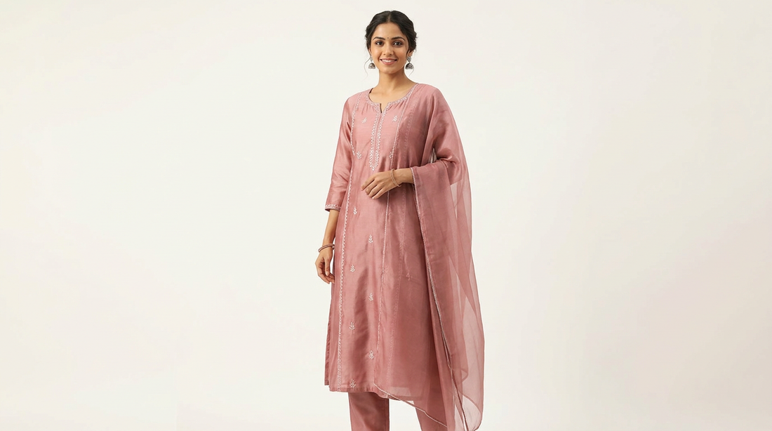 Editorial illustration of a woman wearing a pink kurta set
