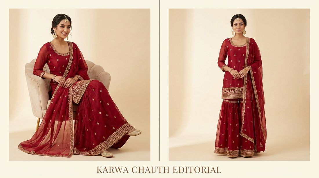Karwa Chauth editorial showing seated and standing red ethnic outfits
