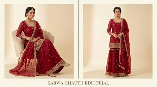 Karwa Chauth editorial showing seated and standing red ethnic outfits