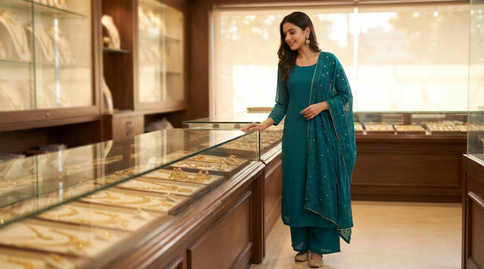 Woman in a teal ethnic outfit browsing a jewellery showroom