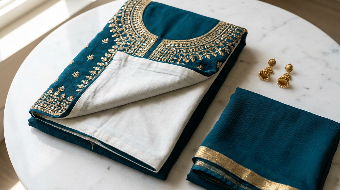 Editorial illustration of a folded teal embroidered kurta showing a light inner layer