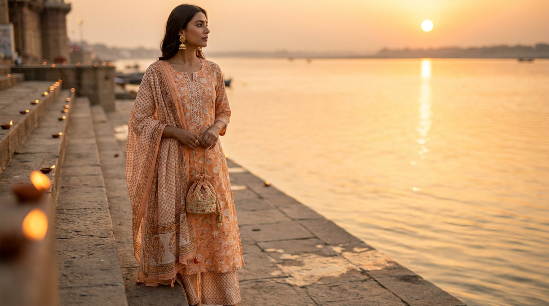 Editorial illustration of a woman in a kurta set beside a ghat at sunset