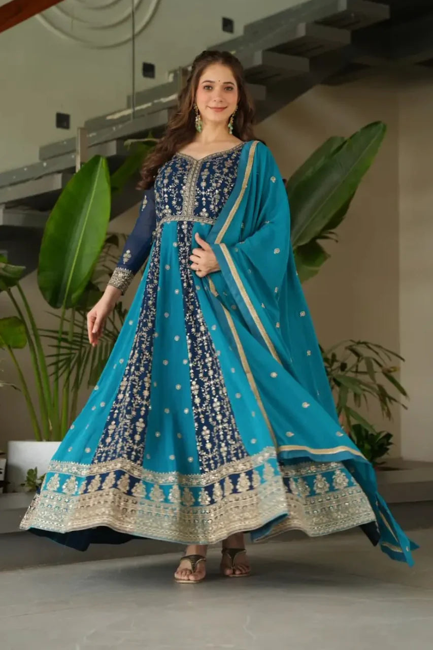 A full work gown is a long, often formal dress that typically has a fitted bodice and a flared, floor-length skirt, designed for events like weddings, parties, or professional settings