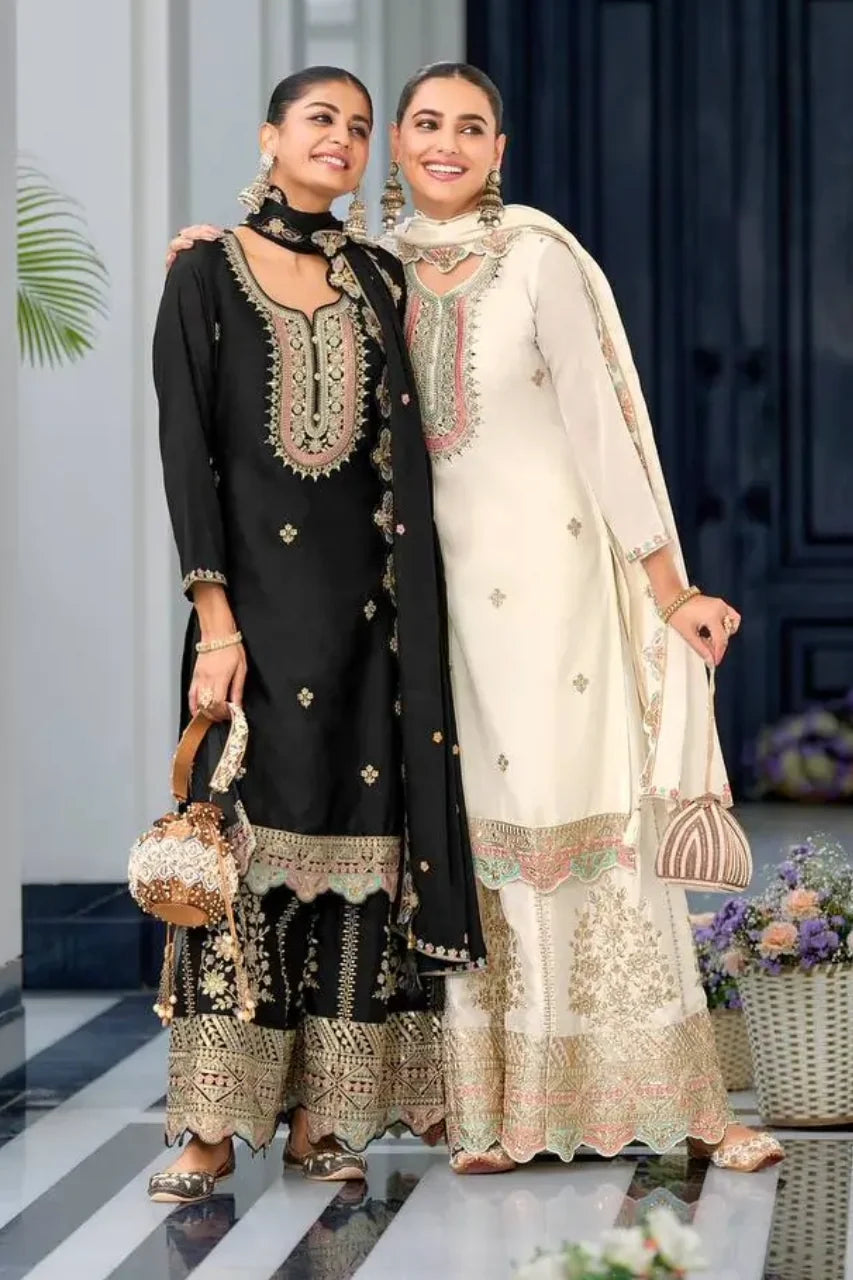 a traditional three-piece women's outfit consisting of a short tunic (kurti), wide-legged flared pants (sharara), and a dupatta (scarf).