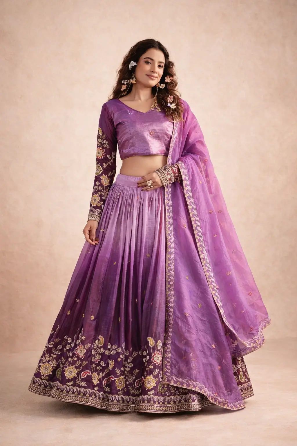 Gold Crush Embroidered Lehenga Choli Set with Dupatta