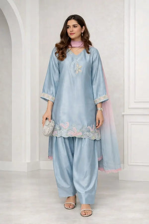 Blue Satin Silk Farshi Salwar Suit with Organza Dupatta