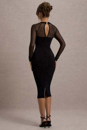 Premium 4-Way Stretch Bodycon Midi Dress with Mesh Sleeves