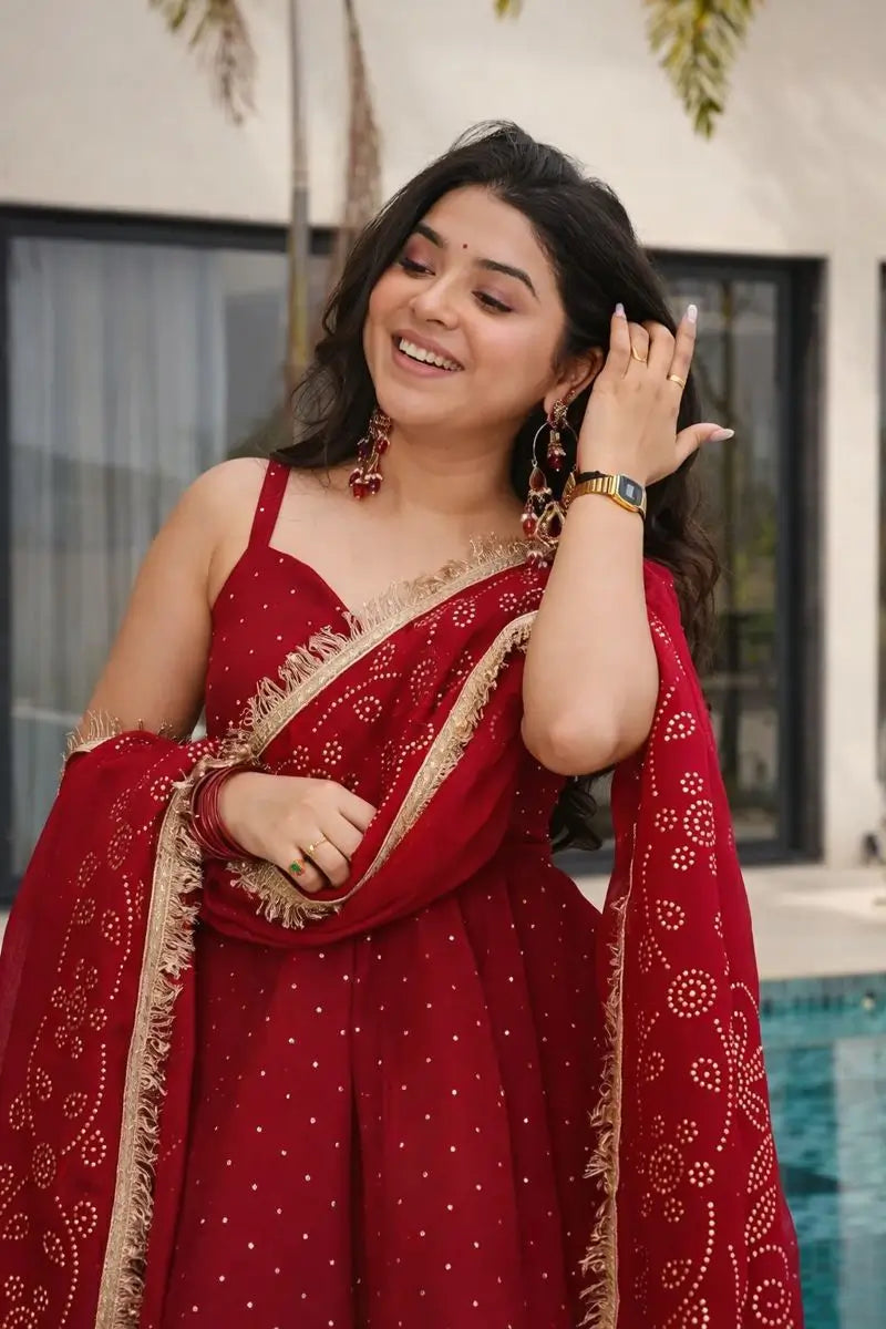 Wine Red Tabby Organza Kurti Plazzo Set with Golden Work