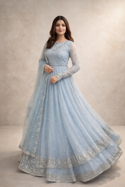 Embroidered Faux Georgette blue Gown Lehenga Dupatta Set