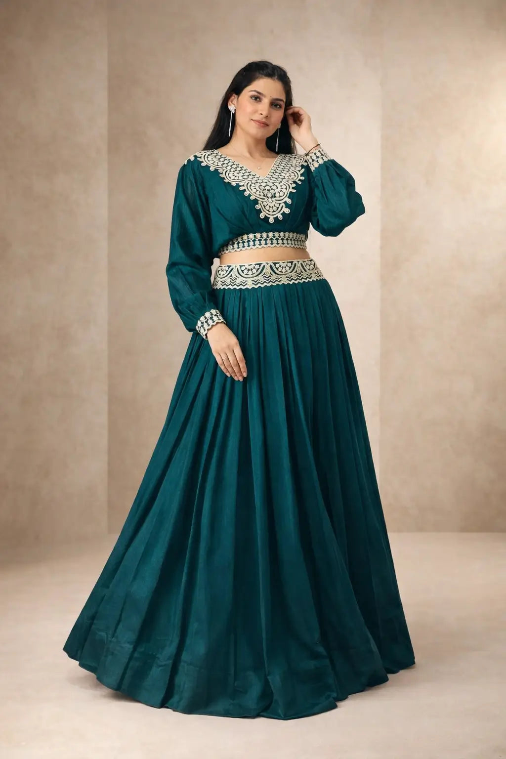 Emerald Green Vichitra Silk Thread Embroidered Lehenga Set