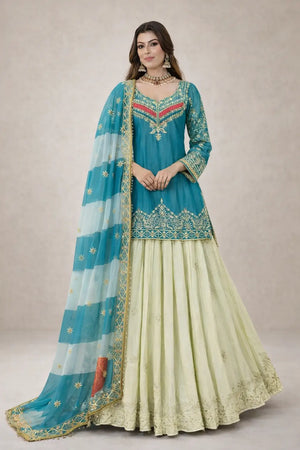 Teal Fandy Silk Embroidered Sequin Top with Crepe Silk Flared Lehenga & Printed Organza Dupatta | Wedding Festive Wear