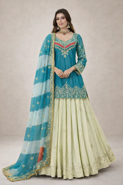 Teal Fandy Silk Embroidered Sequin Top with Crepe Silk Flared Lehenga & Printed Organza Dupatta | Wedding Festive Wear