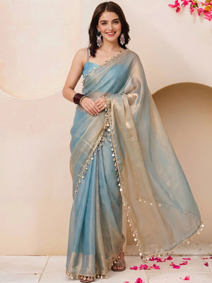 Ice Blue Mirrorwork Satin Saree