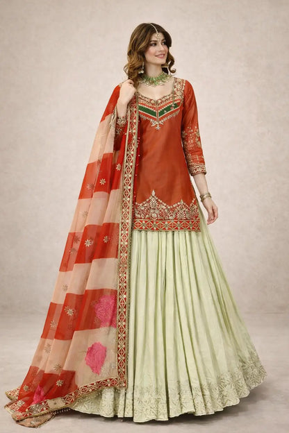 Teal Fandy Silk Embroidered Sequin Top with Crepe Silk Flared Lehenga & Printed Organza Dupatta | Wedding Festive Wear