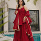 Wine Red Tabby Organza Kurti Plazzo Set with Golden Work