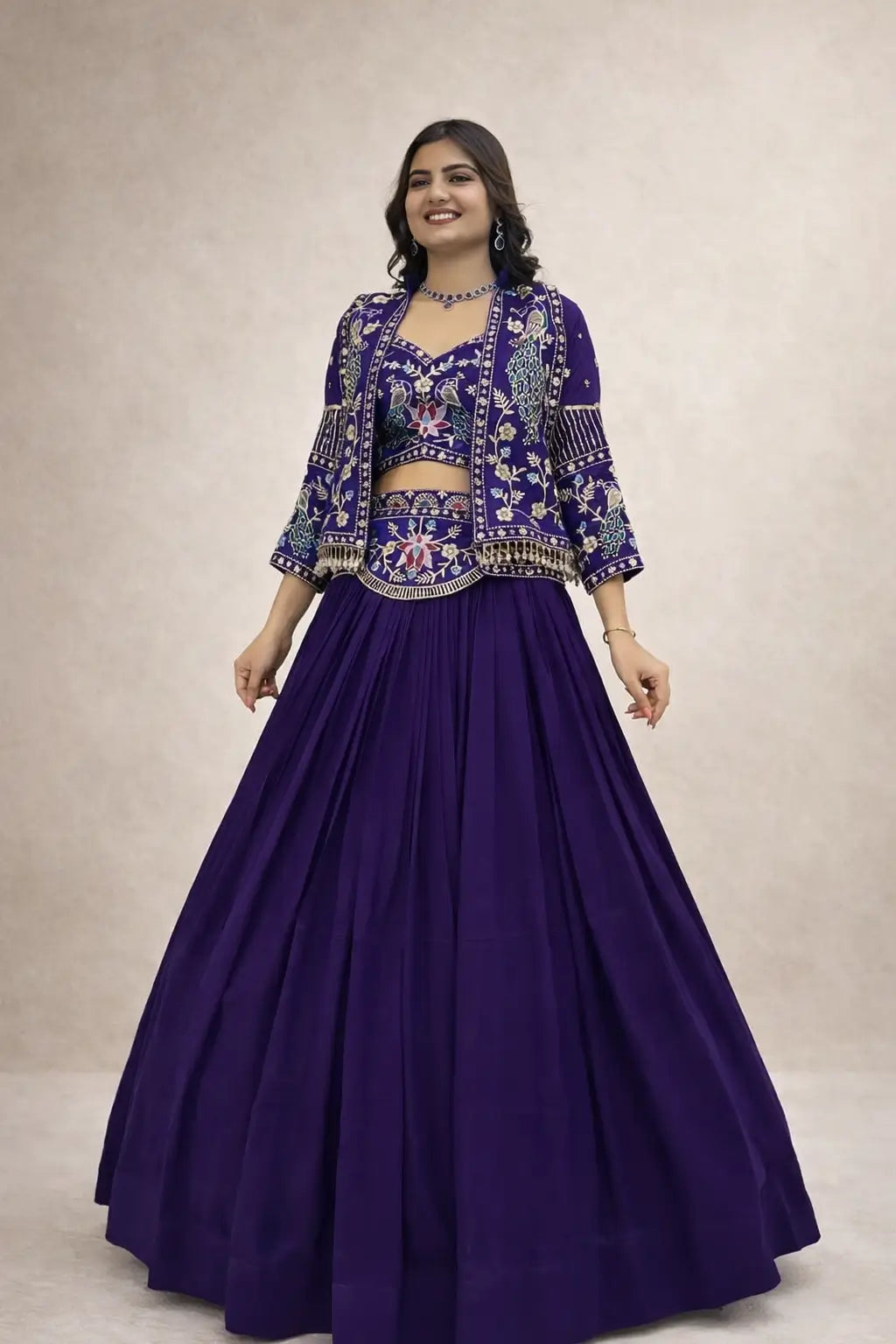 Vichitra Silk Embroidered Crop Top Lehenga with Jacket, Belt & Can Can – Festive Wedding Party Wear