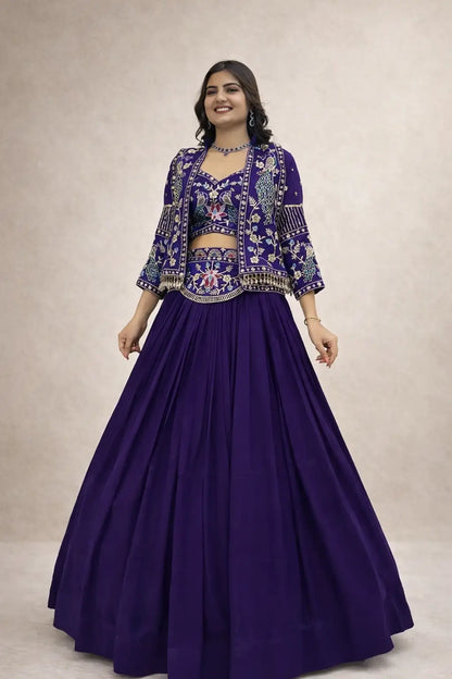 Vichitra Silk Embroidered Crop Top Lehenga with Jacket, Belt & Can Can – Festive Wedding Party Wear