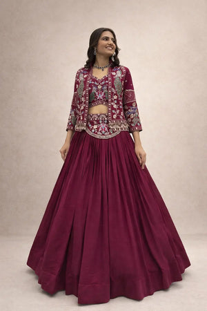 Vichitra Silk Embroidered Crop Top Lehenga with Jacket, Belt & Can Can – Festive Wedding Party Wear