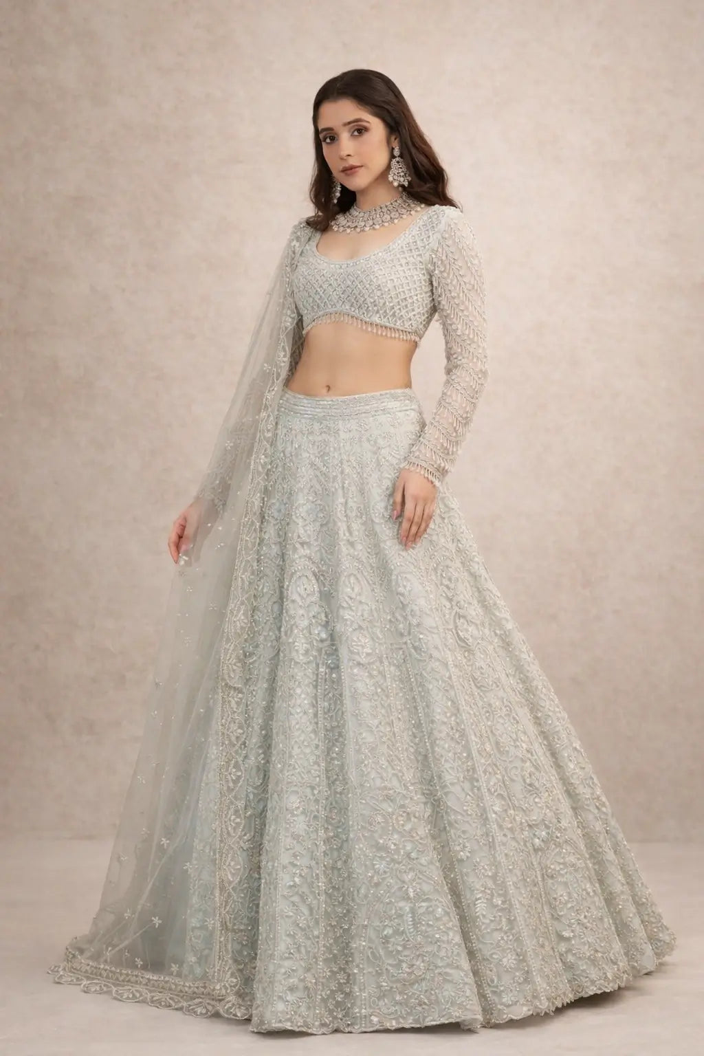 Pastel Grey Embroidered Diamond Silk Lehenga Set
