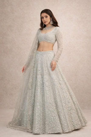 Pastel Grey Embroidered Diamond Silk Lehenga Set