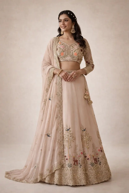 Blush Pink Floral Embroidered Faux Georgette Lehenga Set with 4 Meter Flare