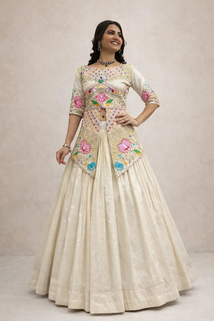 Ivory Simar Cosmos Embroidered Crop Top Lehenga Set with Sequins & Coding Work – Festive Party Wear