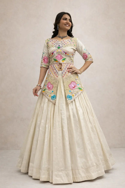 Ivory Simar Cosmos Embroidered Crop Top Lehenga Set with Sequins & Coding Work – Festive Party Wear
