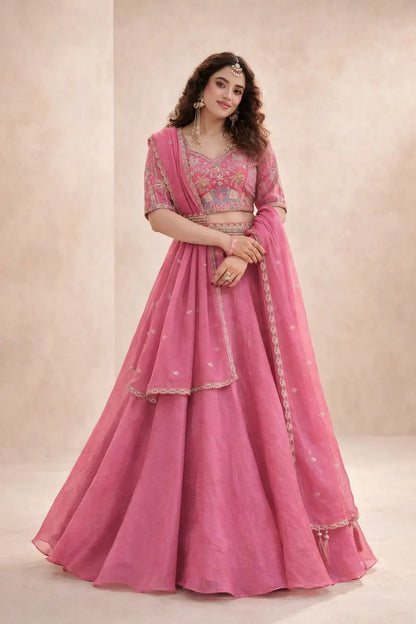 Rose Pink Pure Crunchy Silk Moti Sequins Embroidered Lehenga Choli for Wedding Wear