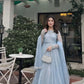 Embroidered Faux Georgette blue Gown Lehenga Dupatta Set