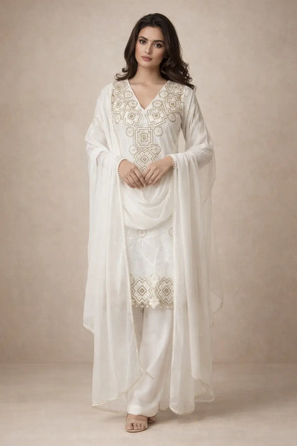 Georgette Sequence Embroidered Kurti Palazzo Set for Festive and Party Wear