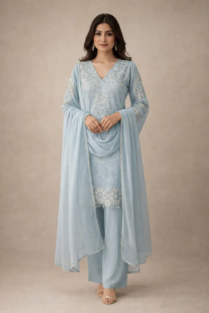 Georgette Sequence Embroidered Kurti Palazzo Set for Festive and Party Wear