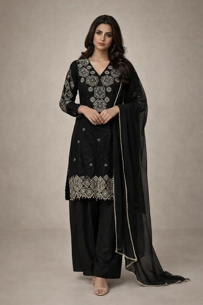 Georgette Sequence Embroidered Kurti Palazzo Set for Festive and Party Wear