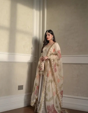 Ivory Chinon Embroidered Suit Set with Palazzo & Digital Print Organza Dupatta