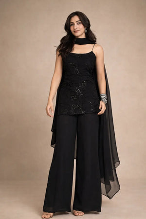 Elegant Black Faux Georgette Sequins Palazzo Set for Party and Festive Wear