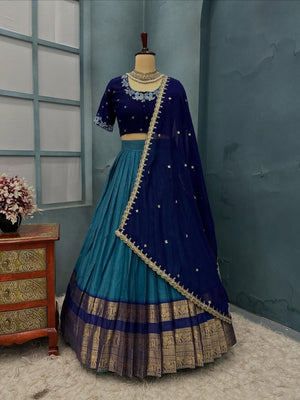 Kanjivaram Maggam Work South Style Half Lehenga Half Saree