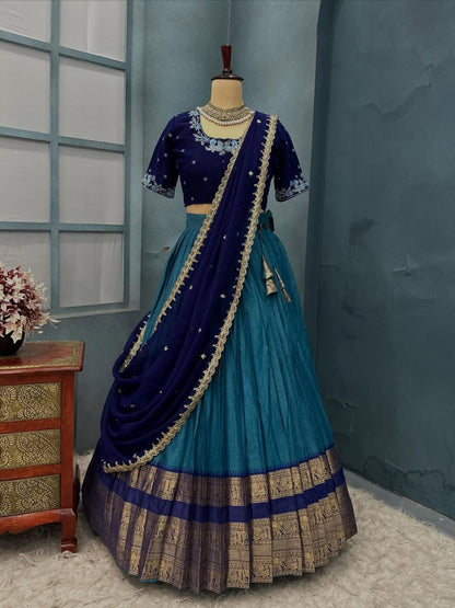 Kanjivaram Maggam Work South Style Half Lehenga Half Saree