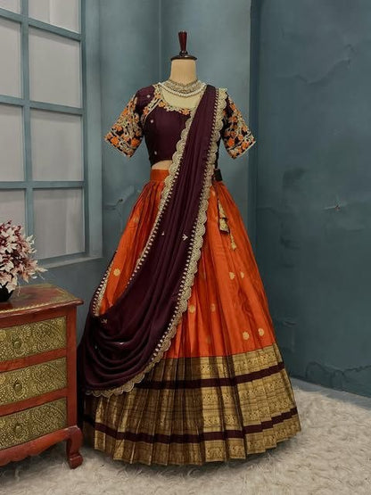 Kanjivaram Maggam Work South Style Half Lehenga Half Saree